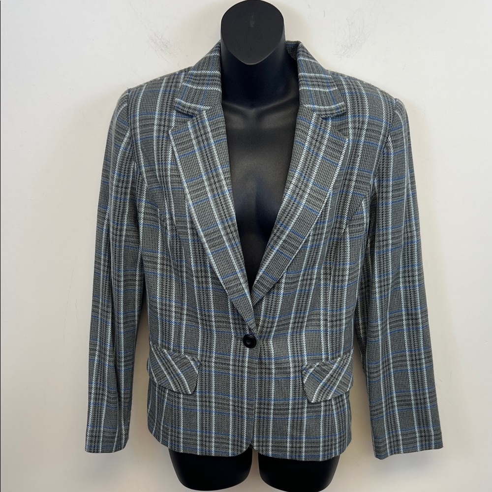 Leslie Fay Plaid Grey and Blue Women's Professional Jacket / Blazer Size 8